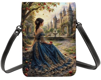 Cottagecore Cell Phone Purse Crossbody – Medieval Fantasy Woman Phone Bag, Fairytale Castle Art, Adjustable Shoulder Strap, PU Leather Purse