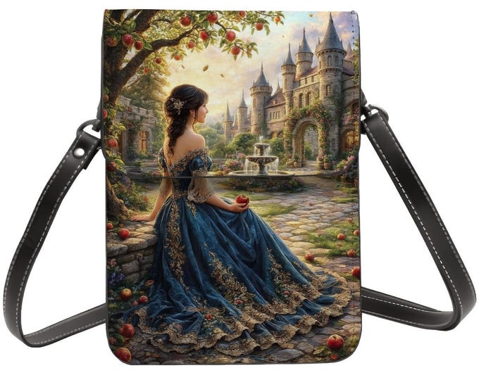 Cottagecore Cell Phone Purse Crossbody – Medieval Fantasy Woman Phone Bag, Fairytale Castle Art, Adjustable Shoulder Strap, PU Leather Purse