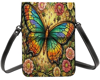 Stained Glass Butterfly Cell Phone Purse, Small Crossbody Phone Bag for Women, PU Leather Shoulder Bag, Floral Nature Art Phone Wallet, Gift
