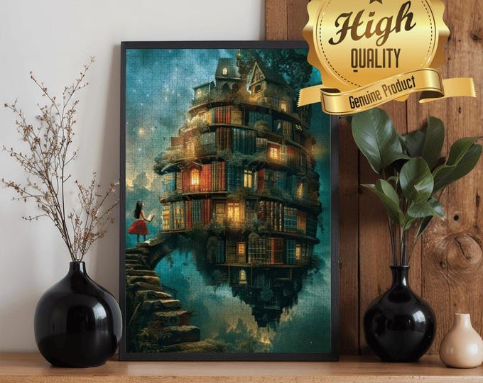 Floating Library Wooden Puzzle 300 500 1000 Pieces | Fantasy House Art Jigsaw Puzzle | Dream Escape Puzzle with Lettered Back