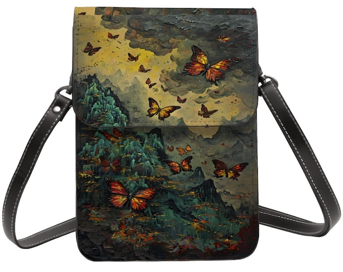 Butterfly Forest Leather Cell Phone Purse - Adjustable Crossbody Bag