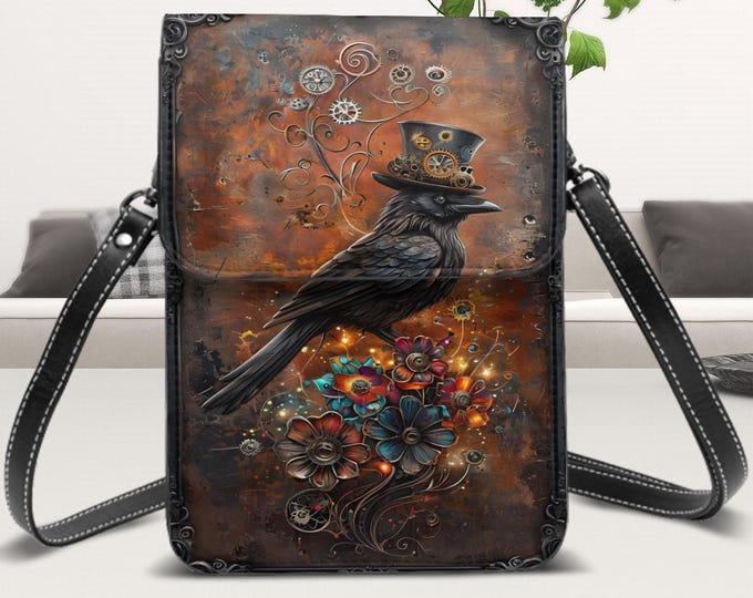 Leather Cell Phone Purse With Shoulder or Crossbody Strap, Steampunk Crow, Raven, Adjustable Removable Strap