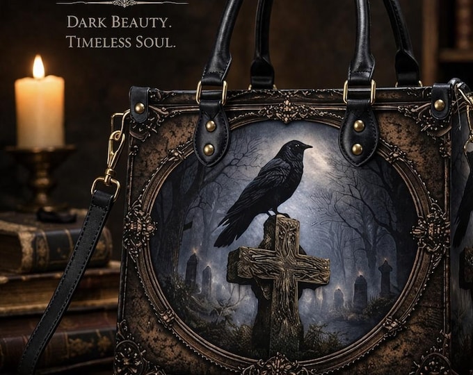 Gothic Raven Cross Tote Bag, Dark Shoulder Bag, Faith Inspired Handbag