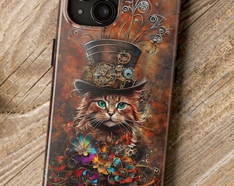 Steampunk Cat Tough Phone Case, Vintage Antique Style, Unique Orange Cat Design, Protective Cell Phone Cover, Retro Mechanical Cat Phone