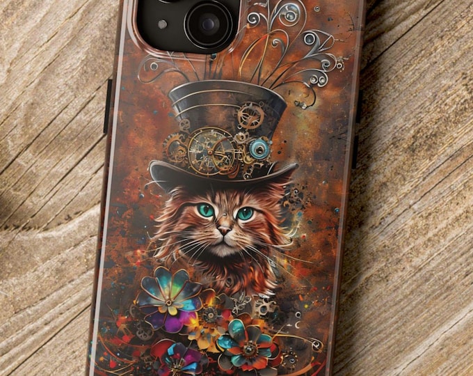 Steampunk Cat Tough Phone Case, Vintage Antique Style, Unique Orange Cat Design, Protective Cell Phone Cover, Retro Mechanical Cat Phone