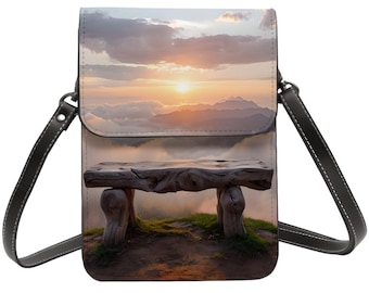 Sunset Landscape Cell Phone Purse, Scenic Bench Crossbody Phone Bag for Women, Small PU Leather Shoulder Bag, Nature Art Phone Wallet, Gift