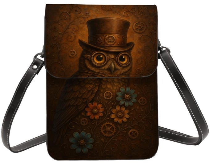 Steampunk Owl Cell Phone Crossbody or Shoulder Bag, Vintage Gears PU Leather