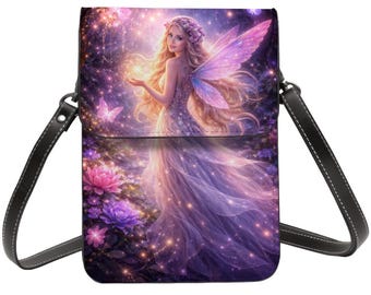Fairy Cell Phone Purse Crossbody – Fantasy Goddess Phone Bag, Galaxy Fairy Art, Adjustable Shoulder Strap, PU Leather Mini Purse