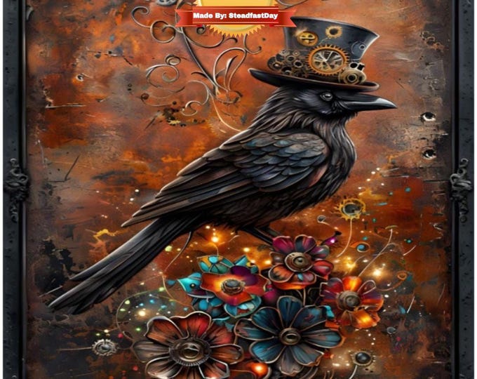 Crow with Top Hat Framed Canvas, Paint by Numbers Kit for Adults with Stand, Steampunk Design, DIY Art, Creative Gift, Artistic Projects,