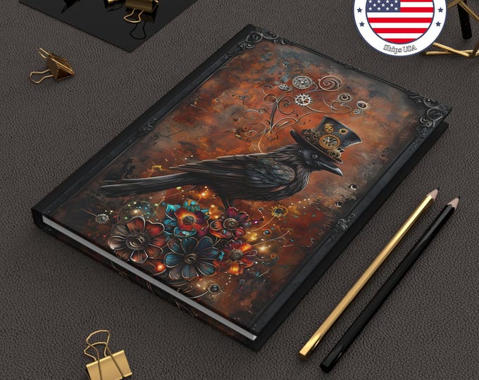 Steampunk Crow Hardcover Journal: Mechanical Flowers, Vintage Leather Look Notebook