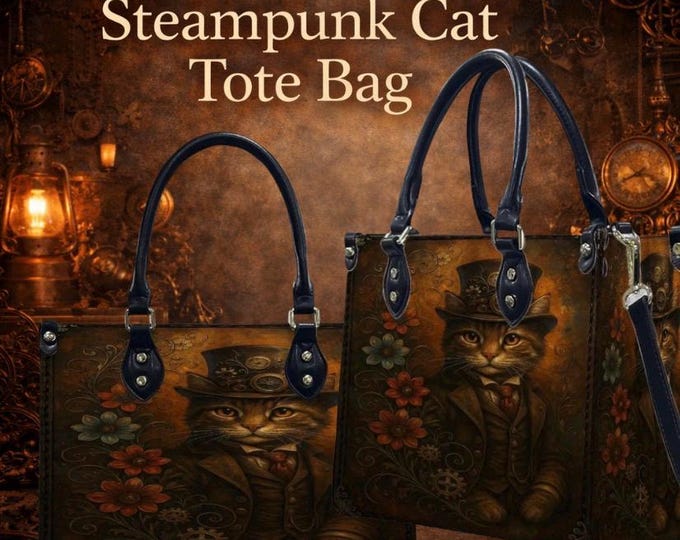 Steampunk Cat, Vegan Leather Tote – Victorian Gothic Handbag, Adjustable Strap and Top Handle bag