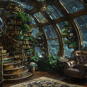 A steampunk-style library with a spiral staircase, bookshelves, and a leather armchair. The room is decorated with plants and has large windows that look out onto a starry night sky.