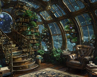 Library Lounge Spaceship View, Diamond Art Painting Kit, Space Window View, Garden Room, 12”x16”, 16”x20”, Diamond Art on Canvas