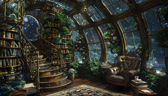 Dream Library Lounge Spaceship View, Diamond Art Painting Kit, Free Shipping, Space Window View, Garden Room, 16”x20”, Diamond Art on Canvas