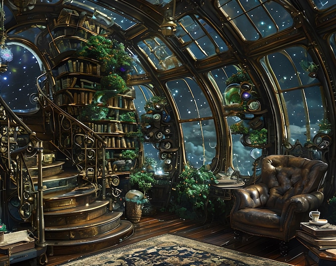 Library Lounge Spaceship View, Diamond Art Painting Kit, Free Shipping, Space Window View, Garden Room, 16”x20”, Diamond Art on Canvas