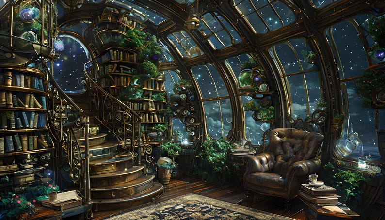 A steampunk-style library with a spiral staircase, bookshelves, and a leather armchair. The room is decorated with plants and has large windows that look out onto a starry night sky.