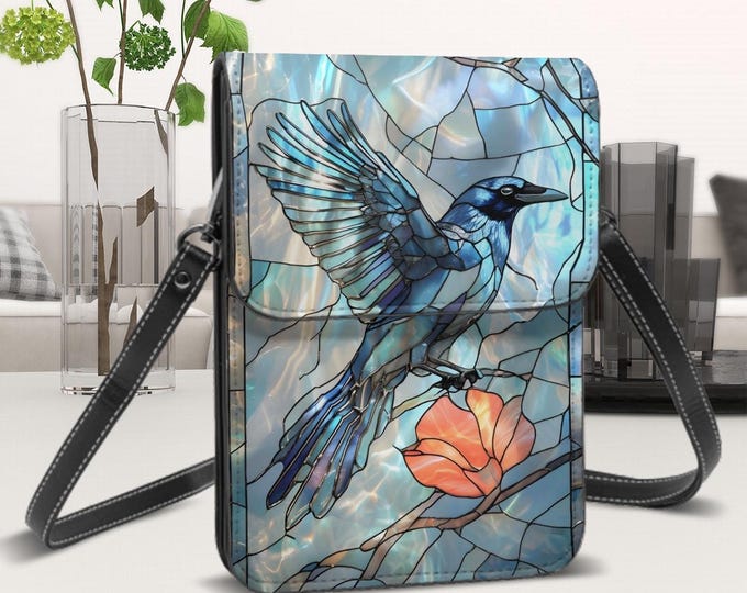 Cell Phone Holder, Bag With Shoulder Strap, Raven Stained Glass Original Design Artwork, Plush Lined with Card Slot, PU Leather, Small Purse