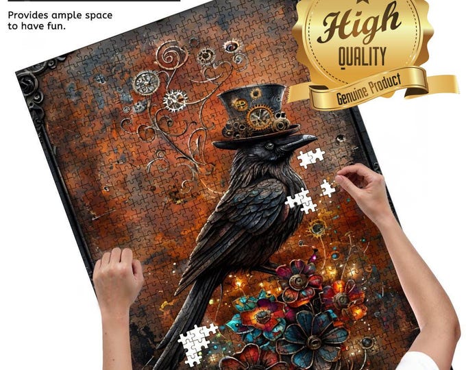 Raven with Top Hat Steampunk, Wooden Jigsaw Puzzle, Precision Cut High Quality Nature Lover Inspired Puzzle, 500 or 1000 pieces, Family Time