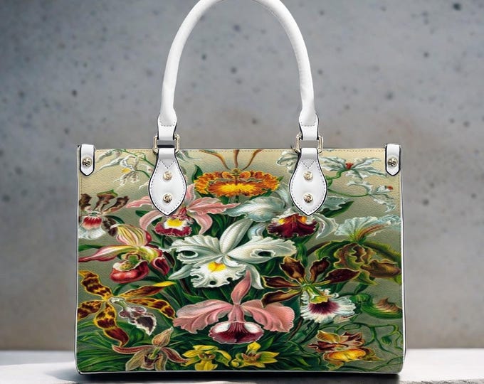 Floral Orchid Garden Tote Bag, Vintage Botanical Illustration, PU Leather
