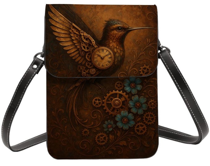 Steampunk Hummingbird Phone Purse, Clockwork Bird Crossbody Bag
