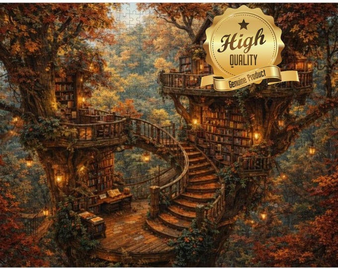Cozy Treehouse Library Puzzle: Fantasy Cottagecore Wooden Jigsaw (1000 Piece)