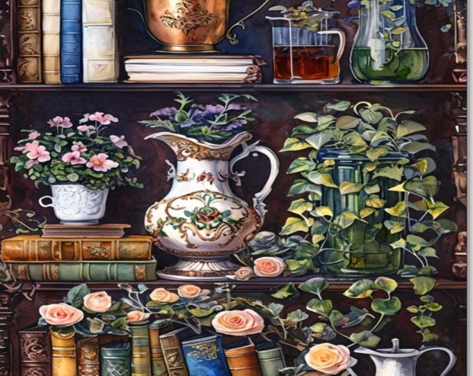 Bookshelf Art, Framed Paint by Numbers Kit with Stand, Painting of Vintage Books and Plants on a Bookshelf, Frameless Kit Available