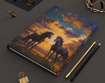 Horses Sunset, Hardcover Journal, Notebook for Horse Lovers, Western Theme Diary, Cowgirl Gift, Cowboy Sunset Sketchbook, Wild West, Animals