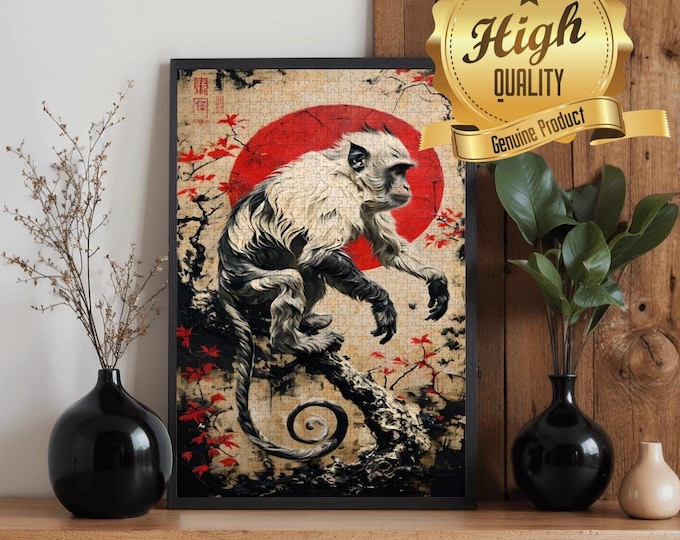 Vintage Monkey Wooden Jigsaw Puzzle – Asian Art Red Sun