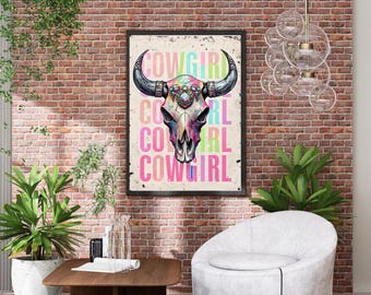 Colorful Cowgirl Skull Fine Art Poster | Western Decor, Boho Wall Art, Home Gallery Prints, Gift for Cowgirl Enthusiasts
