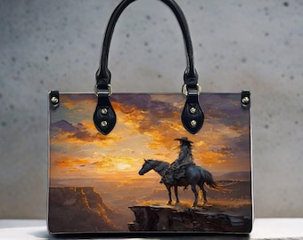 Western Cowboy Handbag, Horse Sunset Tote Bag, PU Leather Crossbody Purse, Western Art Handbag, Rustic Horse Purse