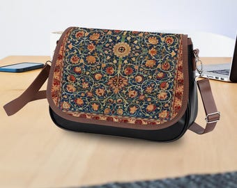 Crossbody or Shoulder Bag, Morris Vintage Art, Adjustable Detachable Strap, Large Capacity, Flap Open, Antique Art Design