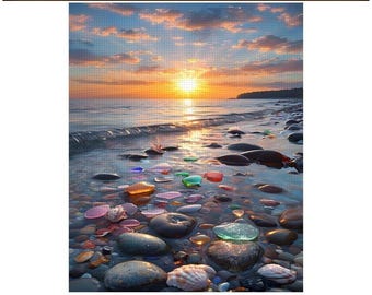 Sea Glass Diamond Painting, Sunset on the Beach Art, DIY Kit, 16x20 Diamond Kit, Craft Activity, Creative Gift, Home Decor, Magical Beach