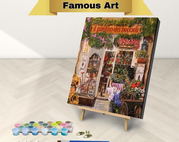 Marketplace Storefront, Framed or Frameless Paint by Numbers Kit with Stand, Antique vintage art by Guido Borelli, Full Craft Kit