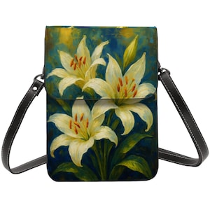 White Lilies Oil Painting Cell Phone Purse, Floral Crossbody Bag