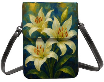 Flower Painting Purse, Leather Cell Phone Purse With Shoulder Strap, White Lillies, Adjustable Strap