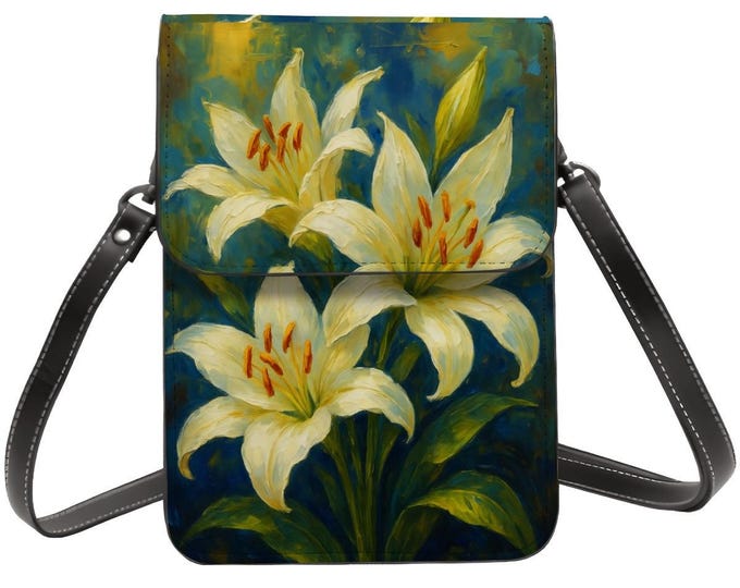 White Lilies Oil Painting Cell Phone Purse, Floral Crossbody Bag