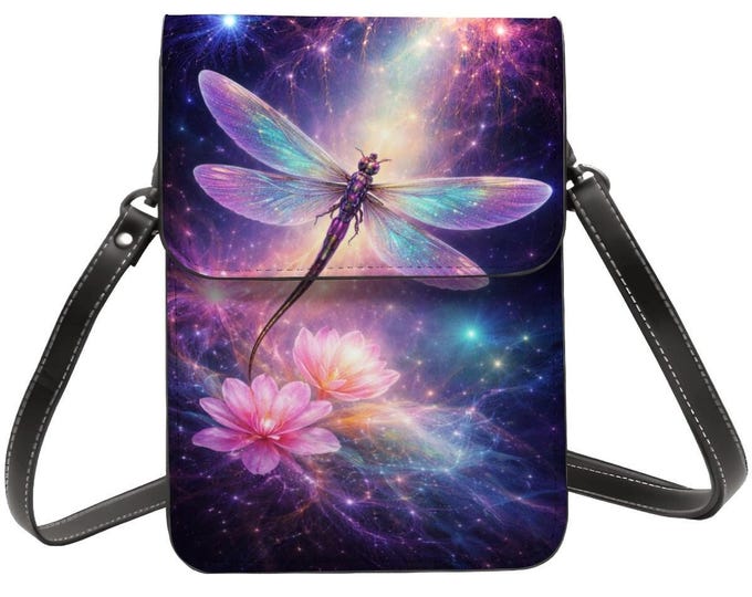 Dragonfly Cell Phone Purse Crossbody – Fantasy Galaxy Phone Bag, Adjustable Shoulder Strap, PU Leather Mini Purse for Women
