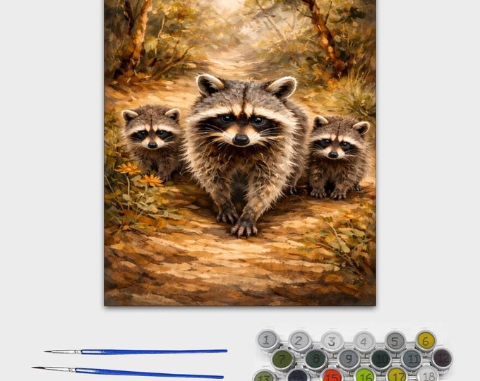 Raccoon Family Paint by Number Canvas – 16x20 DIY Woodland Animal Painting Kit, Relaxing Adult Craft, Forest Wall Art, Nature Gift