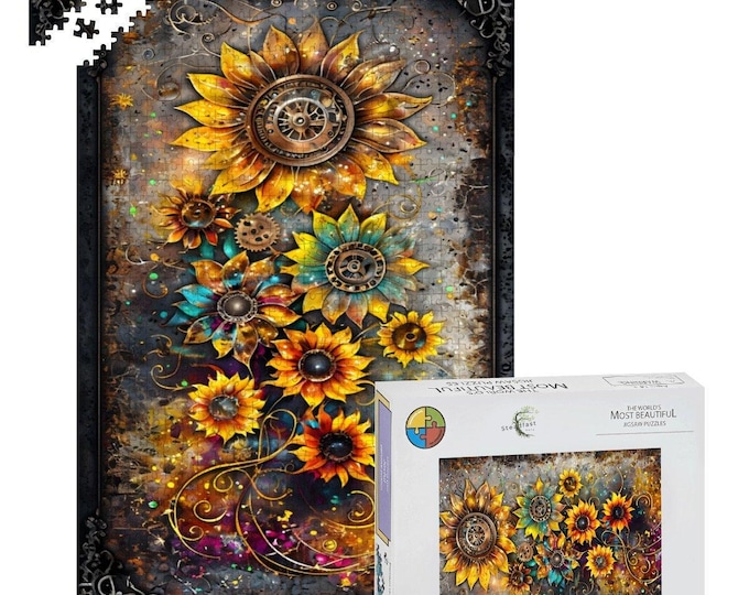 Steampunk Sunflower Wooden Jigsaw Puzzle, Vintage Art Flowers