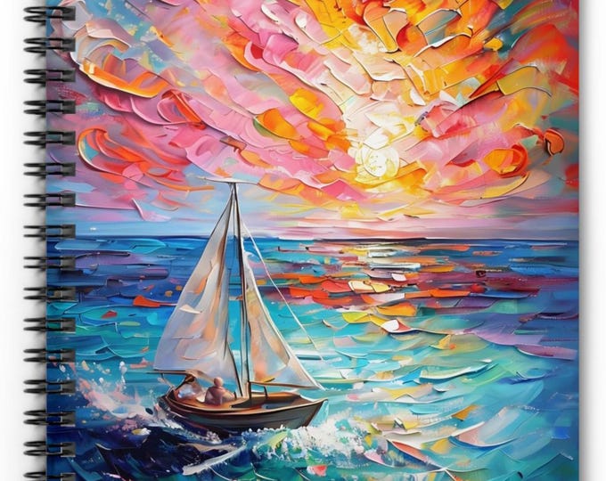 Spiral Notebook - Boat in the Sea with Colorful Horizon, Chunky Oil Painting Design, for Boat Lovers, Dreamers, Vacationers, Organizers,