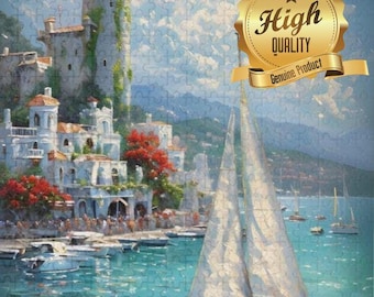 Seaside Sailboat Puzzle | 500 or 1000 Piece Oak Jigsaw, Coastal Art