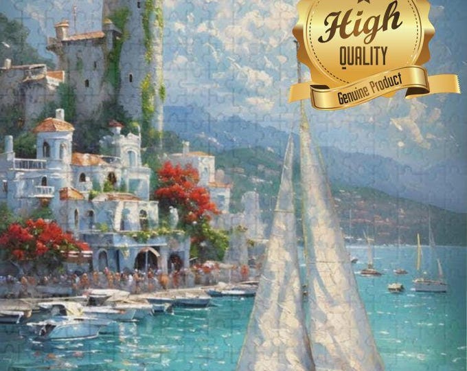 Seaside Sailboat Puzzle | 500 or 1000 Piece Oak Jigsaw, Coastal Art