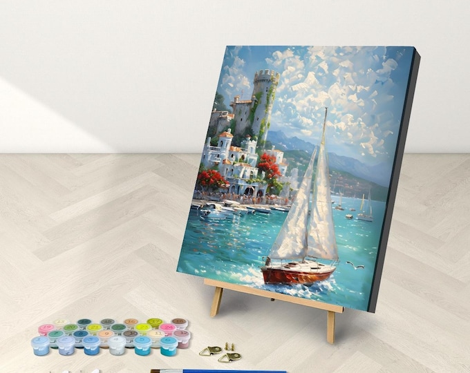 Sailboat Paint by Numbers Kit: Seaside Castle Tower, 16x20 Canvas