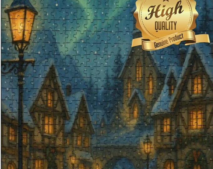 Northern Lights Village Wooden Jigsaw Puzzle – Cozy Winter Holiday
