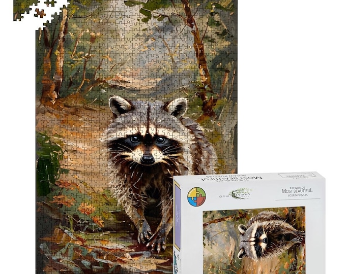 Oak Wood Jigsaw Puzzle: Raccoon in the Woods - 500/1000 Piece