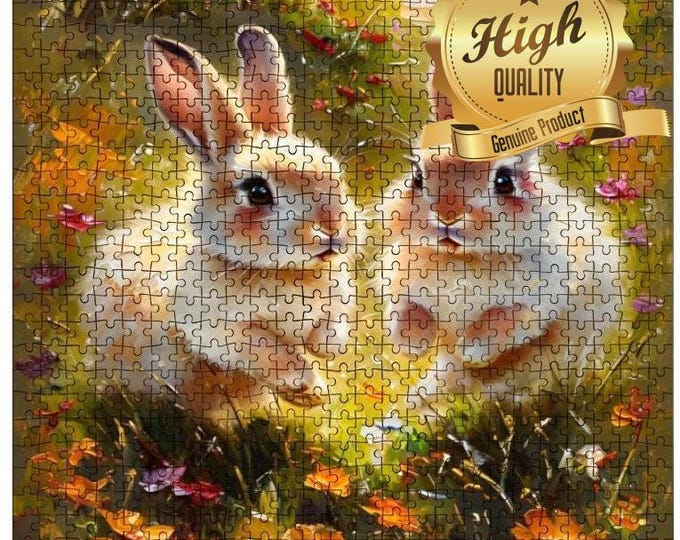 Colorful Bunnies in Flower Meadow Wooden Jigsaw Puzzle - Precision Cut High Quality Nature Lover Inspired Puzzle, 500 or 1000 pieces,