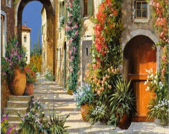 Guido Borelli, DIY Diamond Painting, Vintage Antique Art Design Town Corner, La Porta Rossa Sulla Salita, Diamond Art Kit