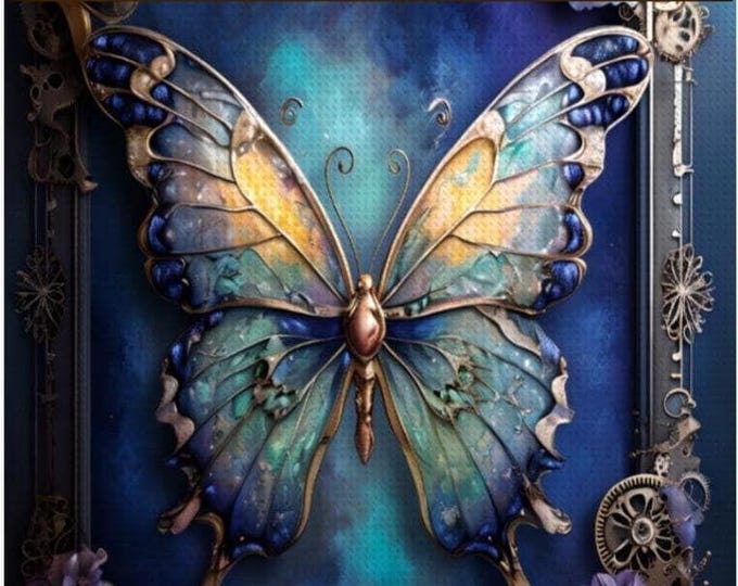 Butterfly Steampunk Diamond Painting Art, DIY Flower Design, Canvas, Diamond Art Kit, Craft Kit, Home Decor, Steam punk Art, Multiple Sizes