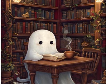 Ghost in Library Diamond Painting Kit - Fantasy Art, DIY 16x20 Diamond Art with Full Kit - Unique Ghost Design & Coffee Reading Scene