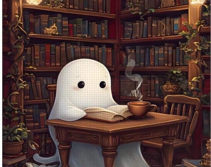 Ghost in Library Diamond Painting Kit - Fantasy Art, DIY 16x20 Diamond Art with Full Kit - Unique Ghost Design & Coffee Reading Scene